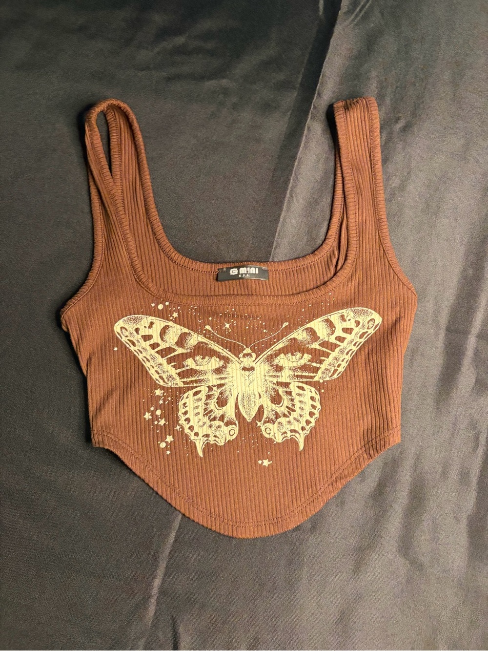G Mini Brown Butterfly Ribbed Crop Tank with Gold Graphic Y2K Tank Small